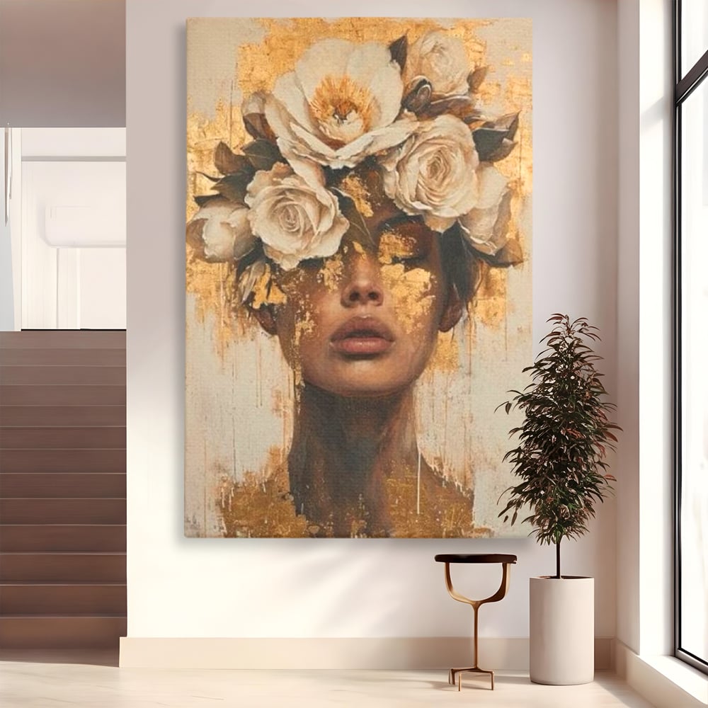 Tablou canvas cu portret feminin cu foita de aur si flori, fara rama, pe sasiu de lemn